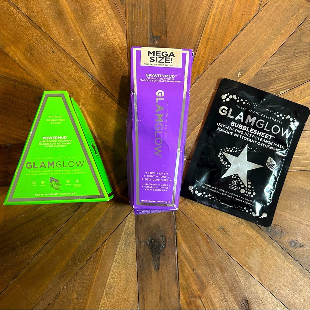 Glam glow mask trio (mega size GravityMud, standard PowerMud, Bubblesheet mask)